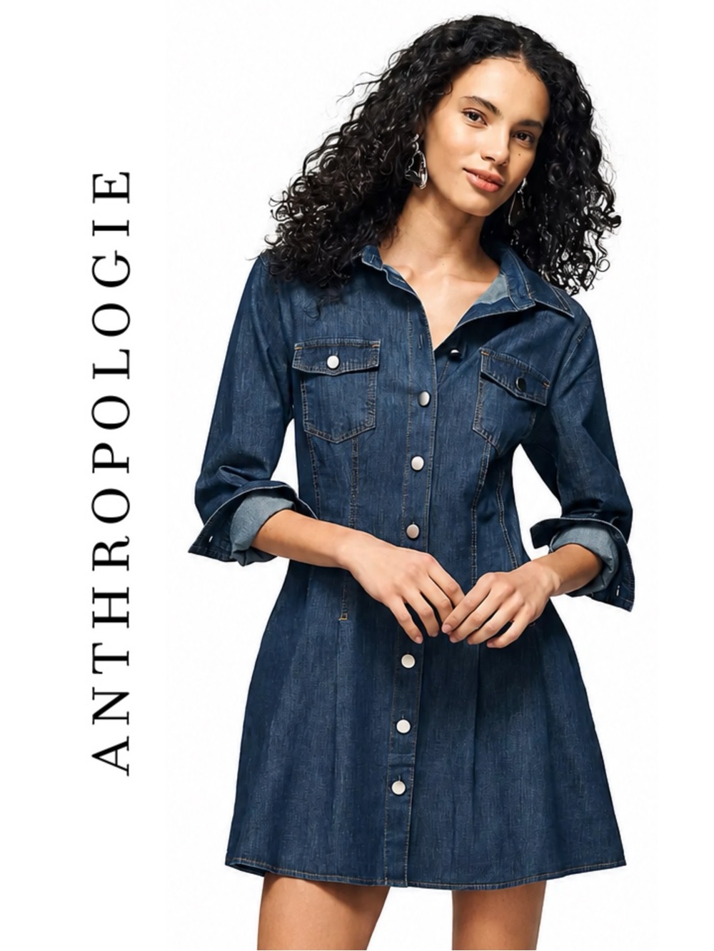 Anthropologie Exquise Long-Sleeve Waisted Denim Mini Shirtdress